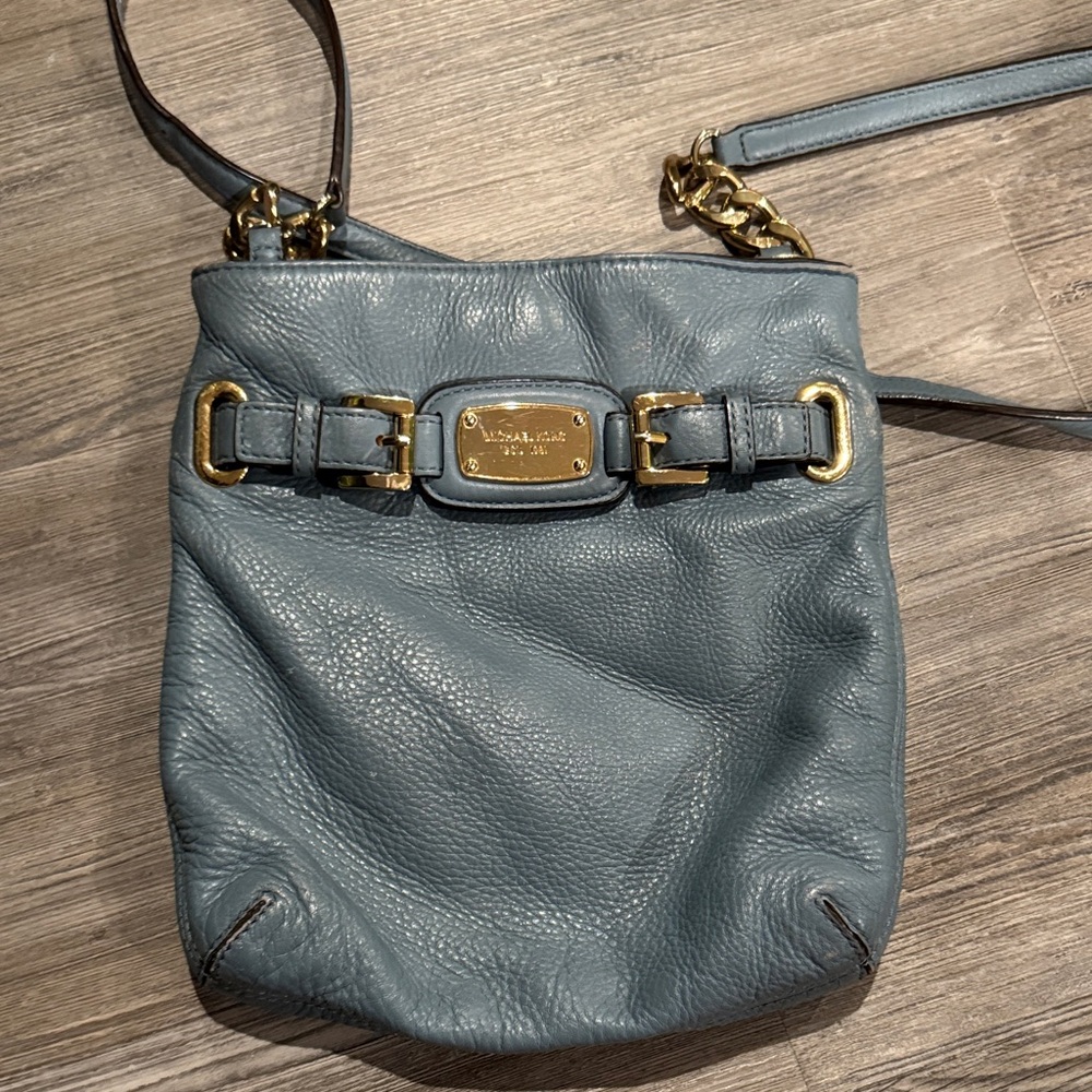 Vintage Michael Kors Blue Leather Crossbody Bag with Gold Accents